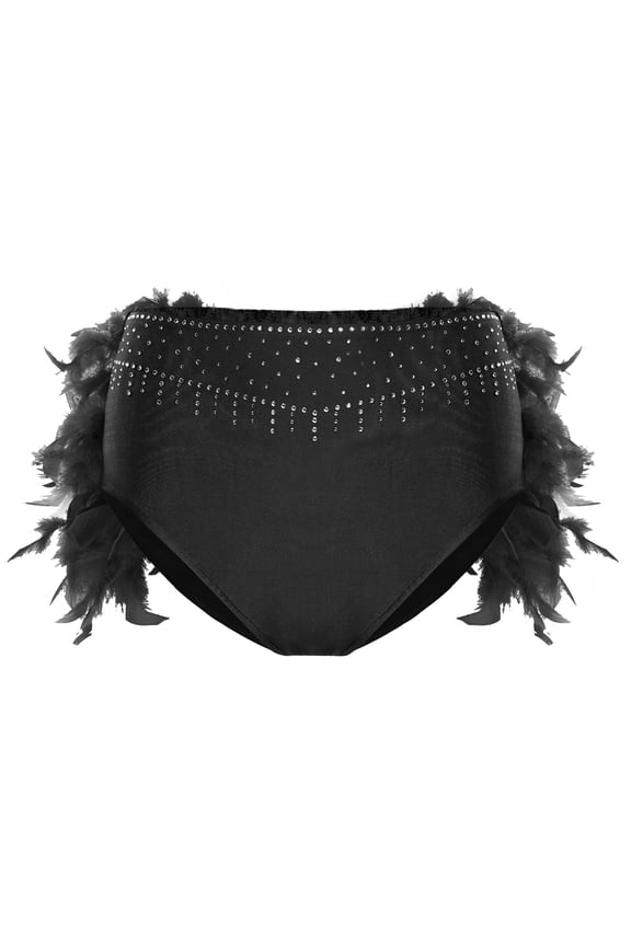 Womens Feather High Waist Dance Shorts for Belly Dance Shows Latin Chacha Tango Dancewear Black M