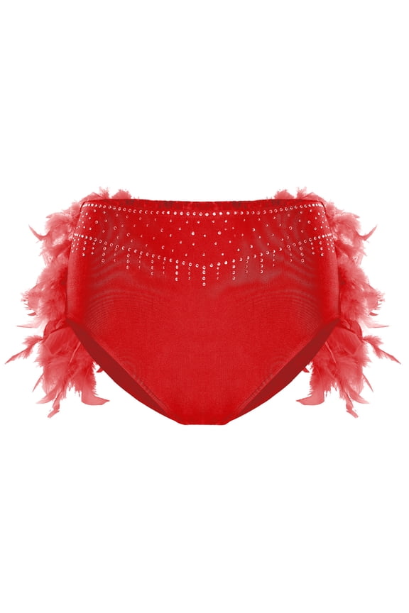 Womens Feather High Waist Dance Shorts for Belly Dance Shows Latin Chacha Tango Dancewear Red L