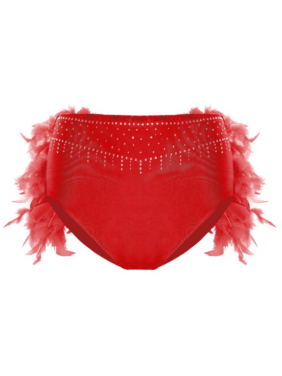 Womens Feather High Waist Dance Shorts for Belly Dance Shows Latin Chacha Tango Dancewear Red M