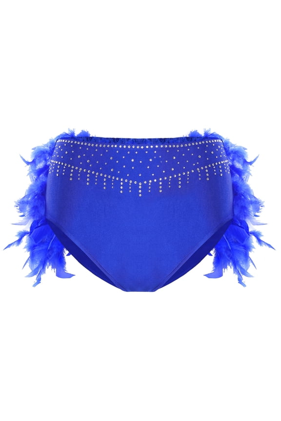 Womens Feather High Waist Dance Shorts for Belly Dance Shows Latin Chacha Tango Dancewear Royal Blue M