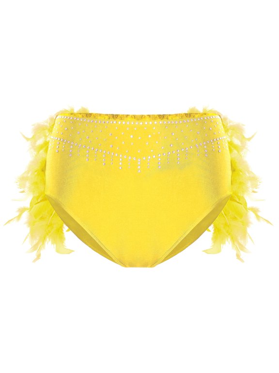 Womens Feather High Waist Dance Shorts for Belly Dance Shows Latin Chacha Tango Dancewear Yellow S