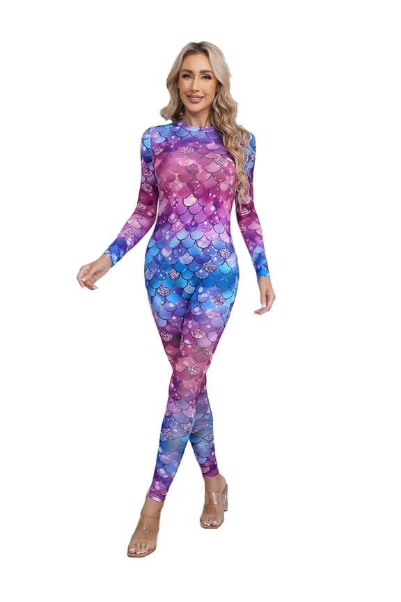 Womens Fish Scale Print Unitards Long Sleeve Bodycon Jumpsuit Rompers Type A S