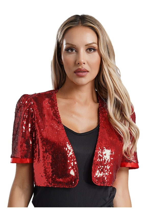 Womens Glitter Sequins Short Sleeve Open Front Cropped Jacket Cardigan Red M