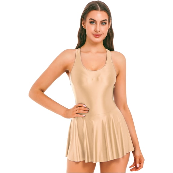 inlzdz Womens Glossy Long Sleeve Ruffled Dress Ballet Dance Skirted Leotard Coffee-A M