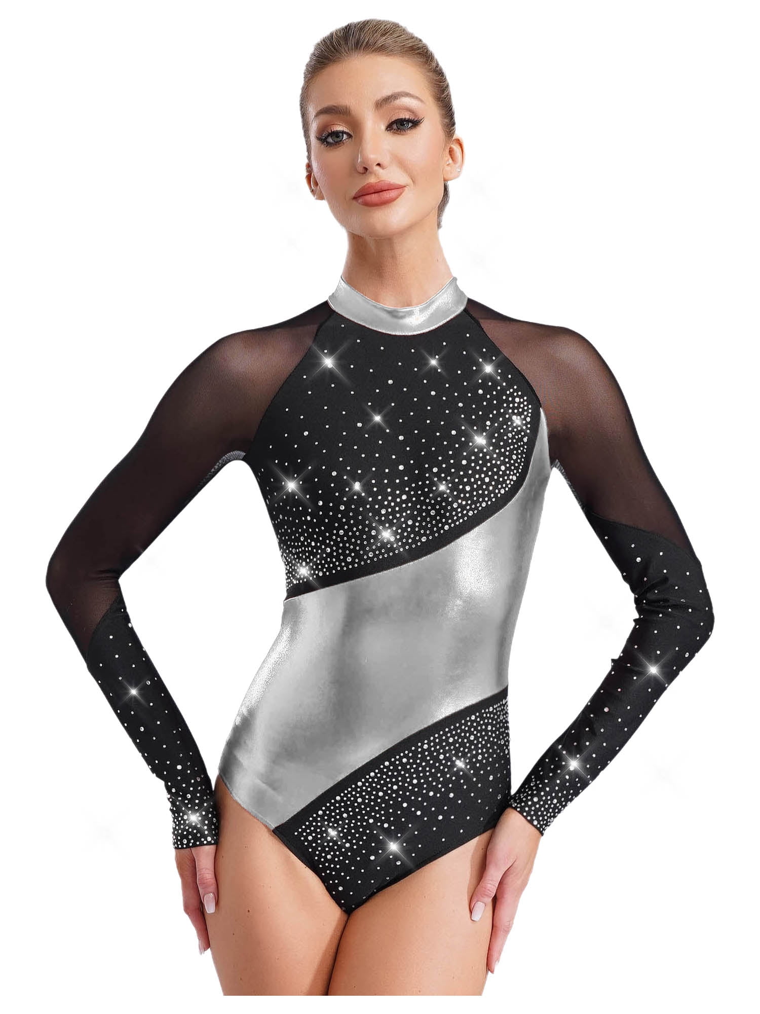 inlzdz Womens Gymnastics Leotards Long Sleeve Rhinestones Ballet Dance ...