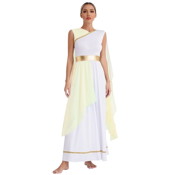 inlzdz Womens Halloween Greek God Fancy Dress Sleeveless Chiffon Toga Tunic Champagne XXL