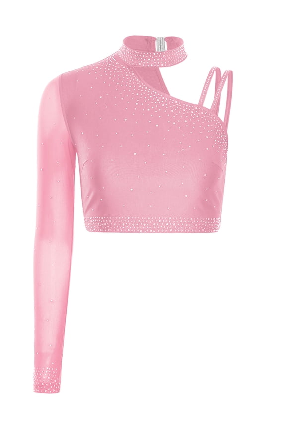 Womens Latin Dance Crop Tops Sparkly Rhinestone Shirt Dancewear for Belly Dance Chacha Tango Pink XL