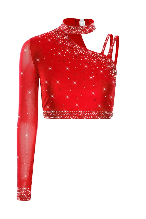 Womens Latin Dance Crop Tops Sparkly Rhinestone Shirt Dancewear for Belly Dance Chacha Tango Red XL