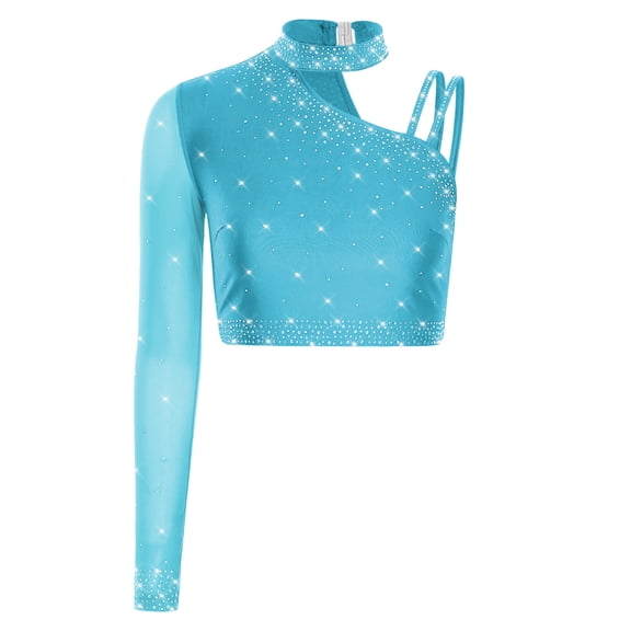 inlzdz Womens Latin Dance Crop Tops Sparkly Rhinestone Shirt Dancewear for Belly Dance Chacha Tango Sky Blue XL