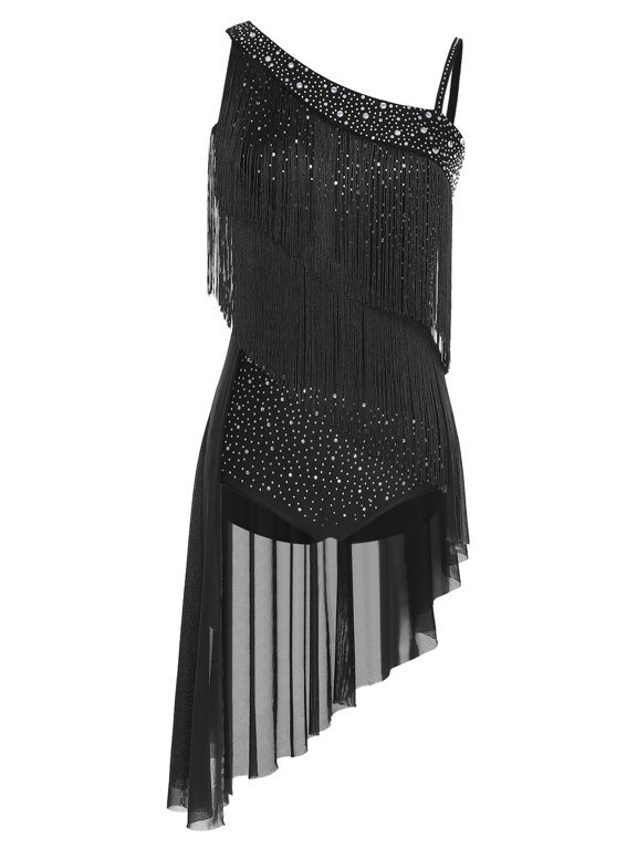 Womens Latin Tango Dance Dress Asymmetrical Shoulder Tassel Ballroom Performance Bodysuit Black L