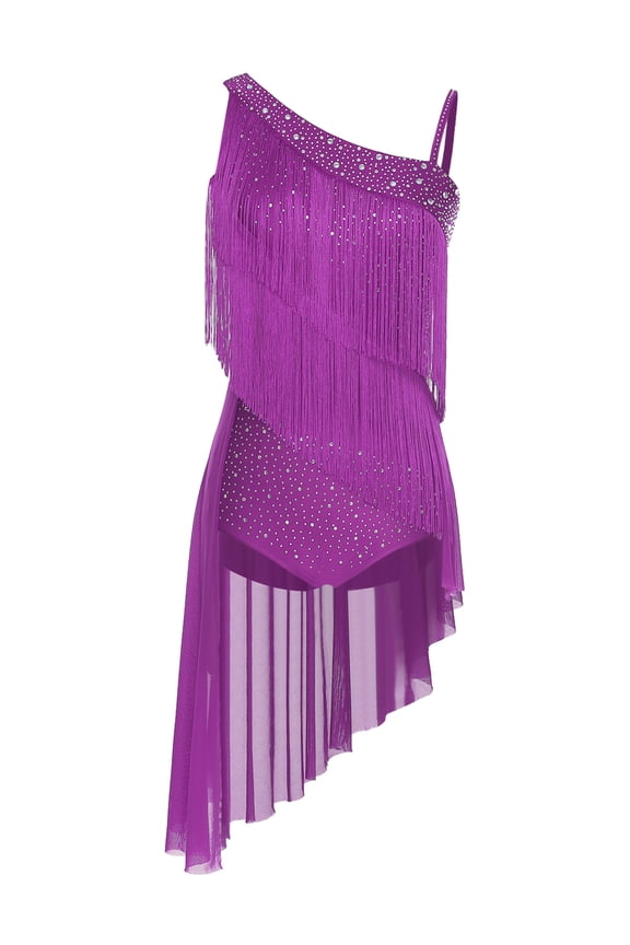 Womens Latin Tango Dance Dress Asymmetrical Shoulder Tassel Ballroom Performance Bodysuit Purple XXL