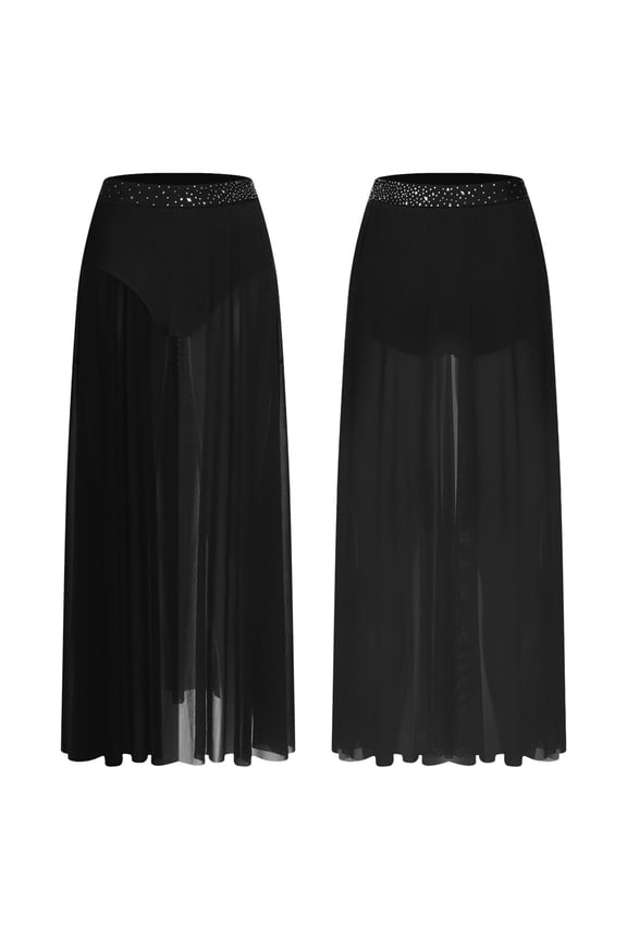 Womens Lyrical Dance Skirt Figure Skating Dance Skirt with Briefs Contemporary Dancewear Black S