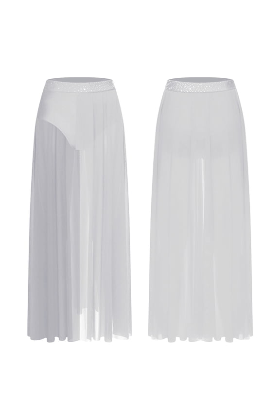 Womens Lyrical Dance Skirt Figure Skating Dance Skirt with Briefs Contemporary Dancewear White S