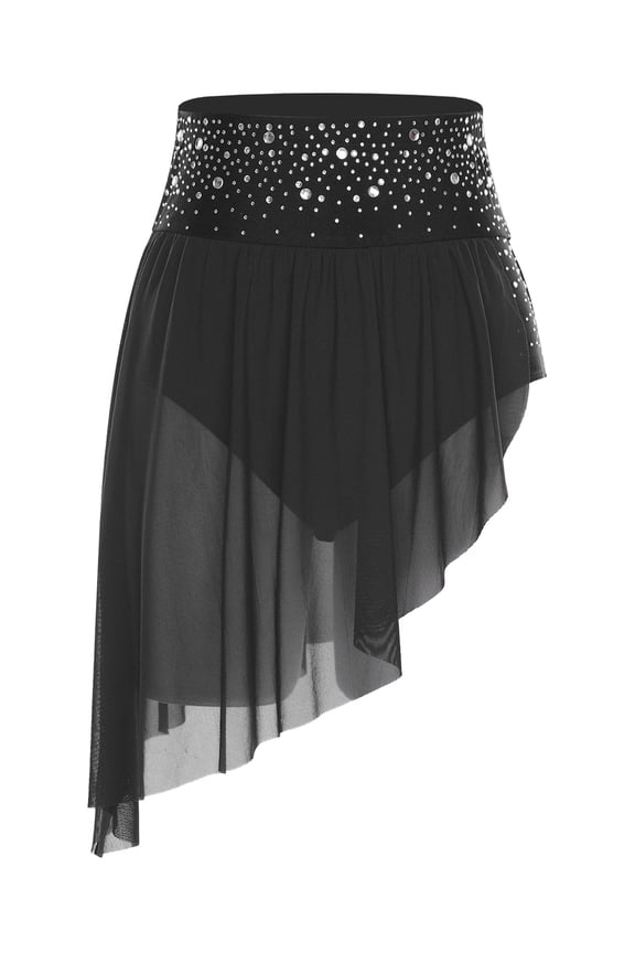 Womens Lyrical Dance Skirt Rhinestone Irregular Flowy Skirted Leotard Modern Dancewear Black L