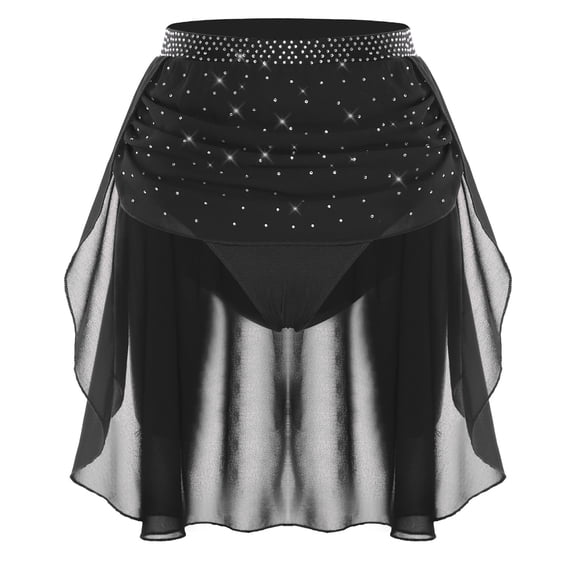 inlzdz Womens Modern Dance Skirt High Waist Sparkly Rhinestone Irregular Hem Dancewear for Competition Black XL