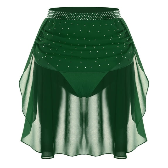 inlzdz Womens Modern Dance Skirt High Waist Sparkly Rhinestone Irregular Hem Dancewear for Competition Dark Green XL