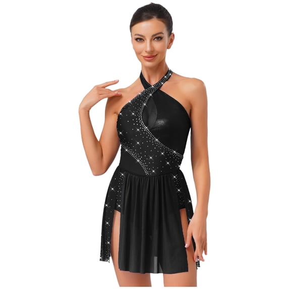 inlzdz Womens Rhinestone Dance Dress Halter Sleeveless Latin Ballet Leotard Figure Skating Bodysuit Black XL