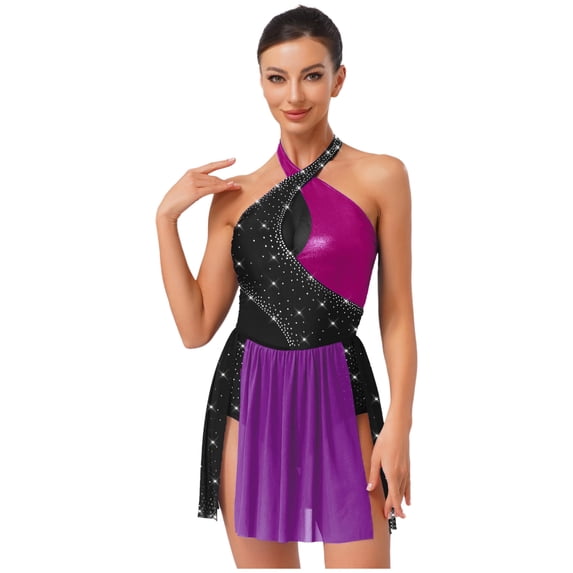 inlzdz Womens Rhinestone Dance Dress Halter Sleeveless Latin Ballet Leotard Figure Skating Bodysuit Purple XL