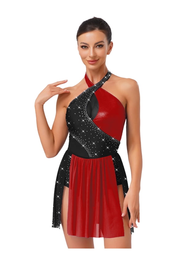 Womens Rhinestone Dance Dress Halter Sleeveless Latin Ballet Leotard Figure Skating Bodysuit Red XXL