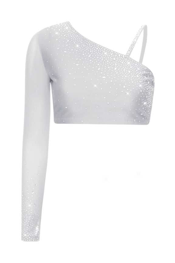 Womens Rhinestones Lyrical Dance Crop Top One Shoulder Long Sleeve Modern Ballet Dance Shirt White XL