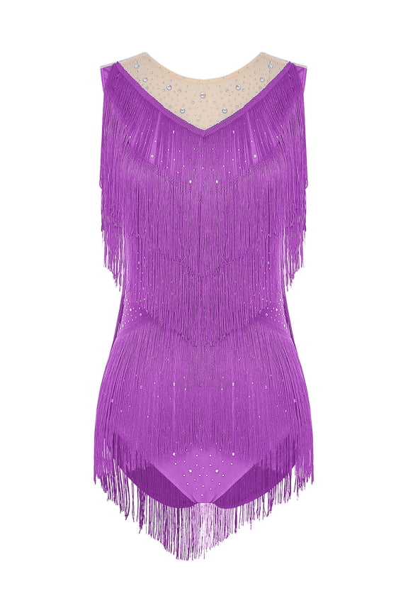 Womens Latin Dance Leotard Sleeveless Rhinestone Tassel Bodysuit for Cha-Cha Tango Samba Purple S