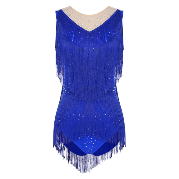 inlzdz Womens Latin Dance Leotard Sleeveless Rhinestone Tassel Bodysuit for Cha-Cha Tango Samba Royal Blue S