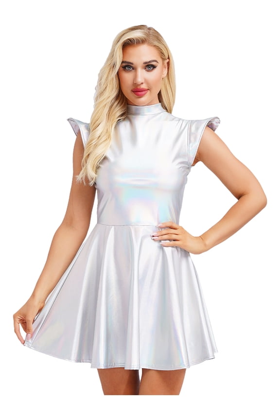 Womens Shiny Metallic Cap Sleeve Rave Party A-line Mini Dress Clubwear Holographic L