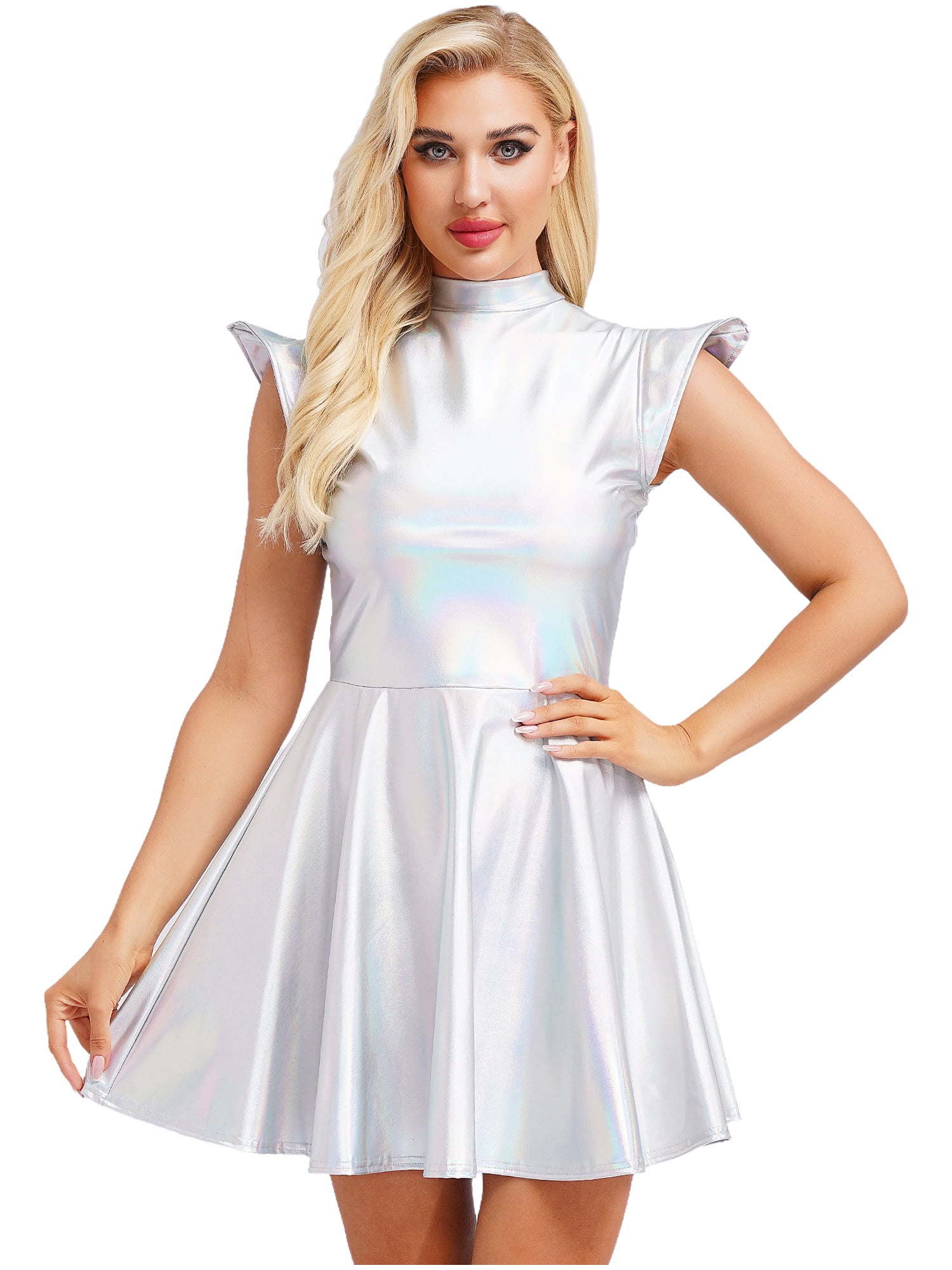 inlzdz Womens Shiny Metallic Cap Sleeve Rave Party A-line Mini Dress ...