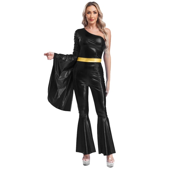 inlzdz Womens Shiny Metallic Disco Outfits One Shoulder Flared SlJumpsuits Black L
