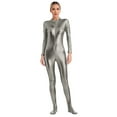 thumbnail image 1 of inlzdz Womens Shiny Metallic Long Sleeve Unitard for Gymnastics Dance Performance Grey XL, 1 of 7