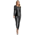 thumbnail image 1 of inlzdz Womens Shiny Metallic Unitard Long Sleeve Slim Fit Jumpsuits Black S, 1 of 7
