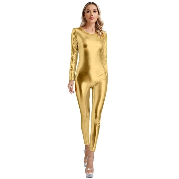 inlzdz Womens Shiny Metallic Unitard Long Sleeve Slim Fit Jumpsuits Gold M