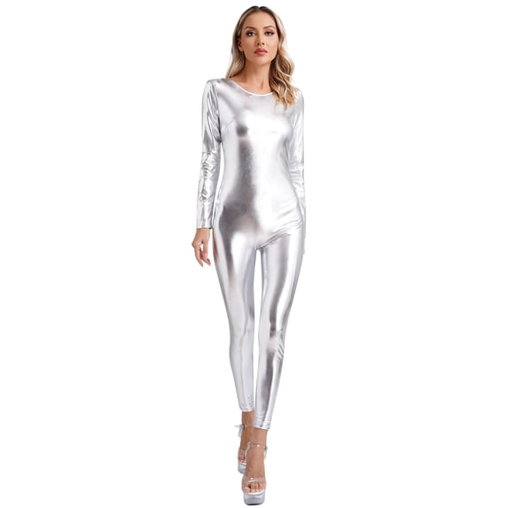 inlzdz Womens Shiny Metallic Unitard Long Sleeve Slim Fit Jumpsuits Silver S