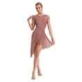 thumbnail image 1 of inlzdz Womens Shiny Rhinestone Lyrical Dance Leotards Short Sleeve Ruched Mesh Splice Figure Ice Skating Dress Brown XL, 1 of 6