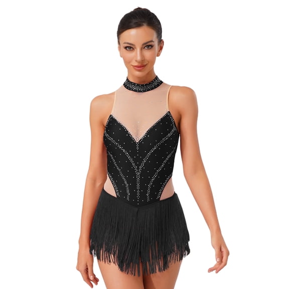 inlzdz Womens Shiny Rhinestone Sleeveless Tassel Latin Dance Leotard Fringe Tango Chacha Bodysuit Black L