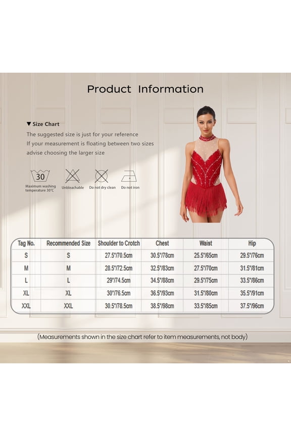 Womens Shiny Rhinestone Sleeveless Tassel Latin Dance Leotard Fringe Tango Chacha Bodysuit Hot Pink M