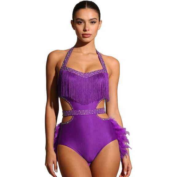 inlzdz Womens Shiny Tassels Halter Cutout Jazz Latin Dance Bodysuit Feather Tutu Skirt Leotard Dancewear Purple XXL