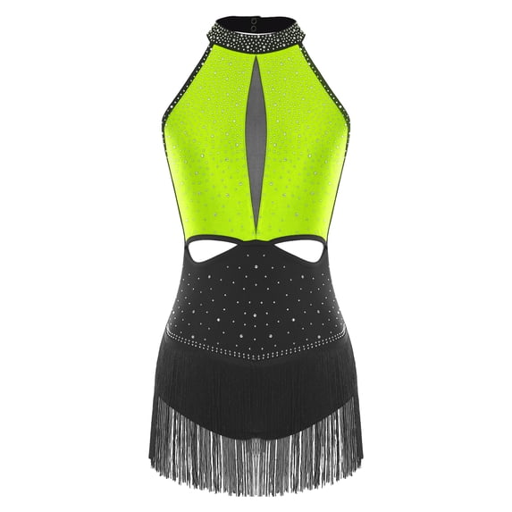 inlzdz Womens Sleeveless Backless Tassel Latin Dance Leotards Shiny Rhinestone Stage Shows Dancewear Fluorescent Yellow M