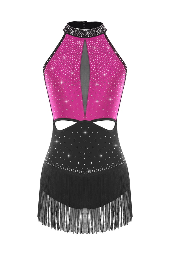 Womens Sleeveless Backless Tassel Latin Dance Leotards Shiny Rhinestone Stage Shows Dancewear Hot Pink L