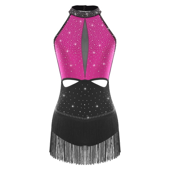 inlzdz Womens Sleeveless Backless Tassel Latin Dance Leotards Shiny Rhinestone Stage Shows Dancewear Hot Pink XL