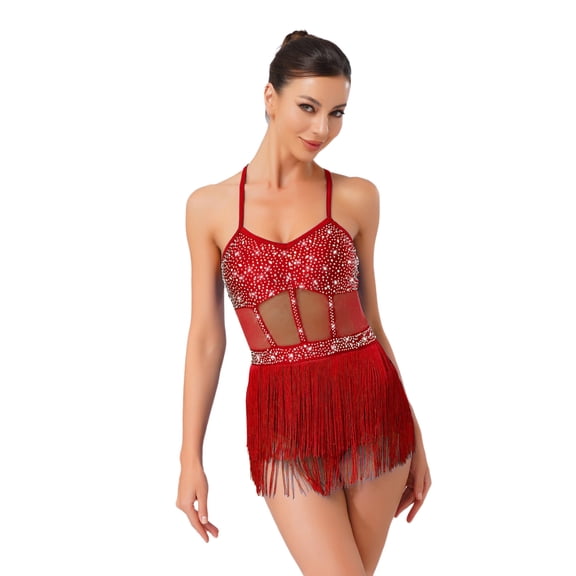 inlzdz Womens Sleeveless Rhinestone Latin Dance Bodysuit Tassel Fringe Leotard Dress for Competition Burgundy S
