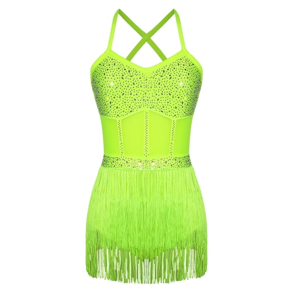 inlzdz Womens Sleeveless Rhinestone Latin Dance Bodysuit Tassel Fringe Leotard Dress for Competition Fluorescent Yellow M