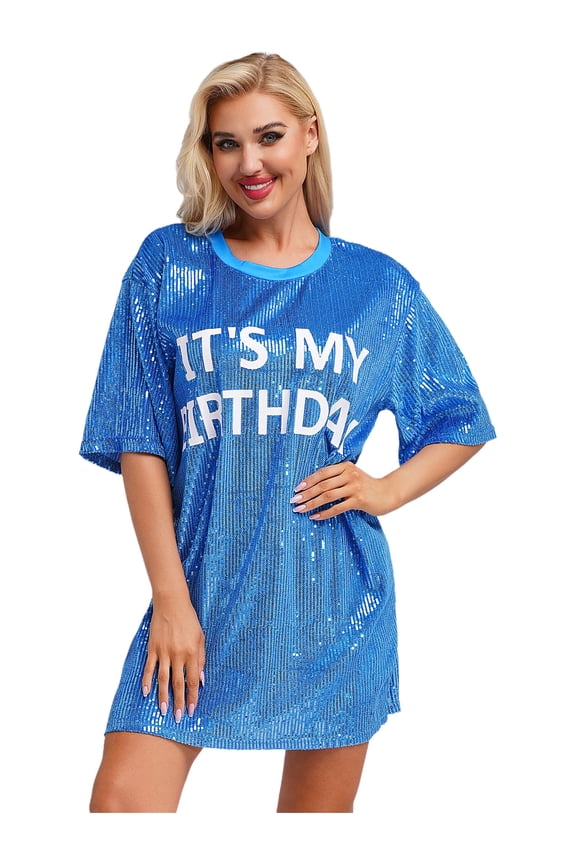 Womens Sparkly Sequin Short Sleeve Shirt Dress Birthday Party Short Dress Blue XXL
