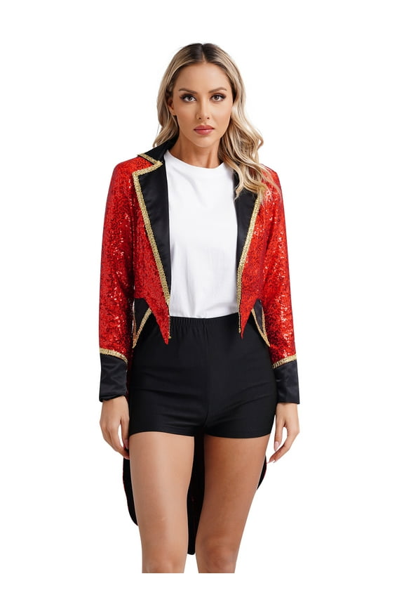 Womens Sparkly Sequin Tailcoat Jacket Notched Lapel Open Front Tuxedo Coat Red S