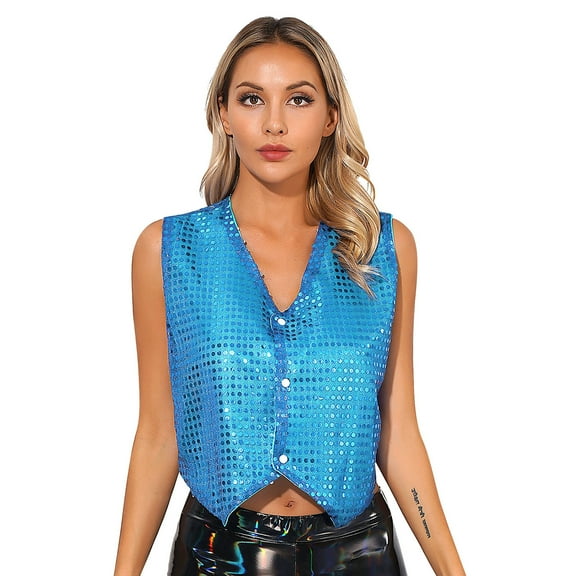 inlzdz Womens Sparkly Sequins Sleeveless Button Up Vest Pointed Hem Waistcoat Light Blue S