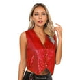 thumbnail image 1 of inlzdz Womens Sparkly Sequins Sleeveless Button Up Vest Pointed Hem Waistcoat Red S, 1 of 7