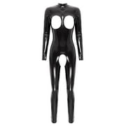 inlzdz Womens Wetlook Leather Cut Out Bodysuit Latex Catsuits Lingerie Black S