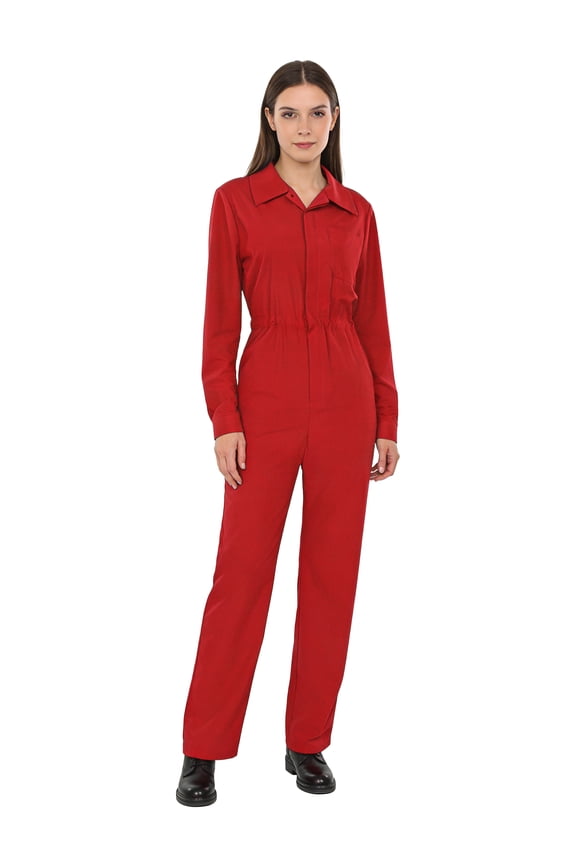 Womens Work Jumpsuit Fashion Button Coverall Casual Turn Down Collar Long Sleeve Romper Overall Professional Wear Red S
