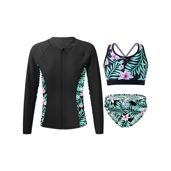 inlzdz Kids Girls Swimsuit Long Sleeve Rahs Guard Swimshirts with Bikini Set for Pool Bath Party Zipper Lily 8