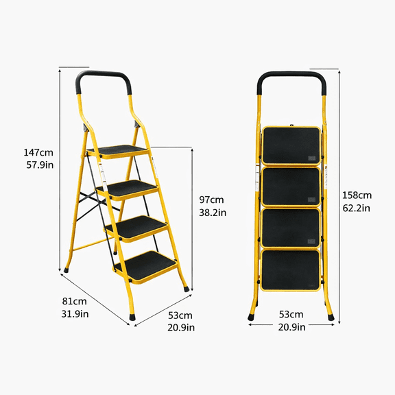 innhom 4 Step Folding Step Ladder with Removable Handrail, Anti-Slip Steps, Sturdy Steel Portable Step Stool for Home Kitchen Garage, 330LBS Capacity, Yellow Safety Step Ladder with Handrails
